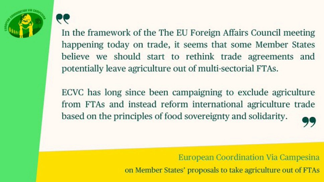 Food can‘t be traded like a commodity, #food is a #HumanRight. That is why we need to rethink the European trade framework 👇🏽👇🏽 👀 Read European Coordination Via Campesina position on reforming EU trade policy on agriculture here : https://www.eurovia.org/wp-content/uploads/2020/09/Trade-Consultation-EN-Final-ECVC.pdf  #NewTradeFrameworkNOW #EUtrade #trade #FoodSovereigntyNOW #UNDROP 