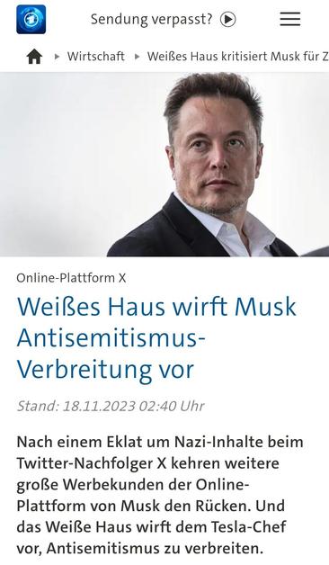 Medienmeldung: "Weißes Haus wirft Musk Antisemitismus-Verbreitung vor"