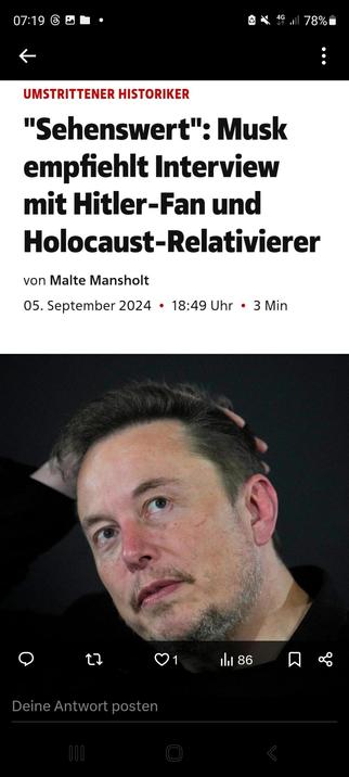 Medienmeldung: "Musk empfiehlt Interview mit Hitler-Fan und Holocaust-Relativierer"