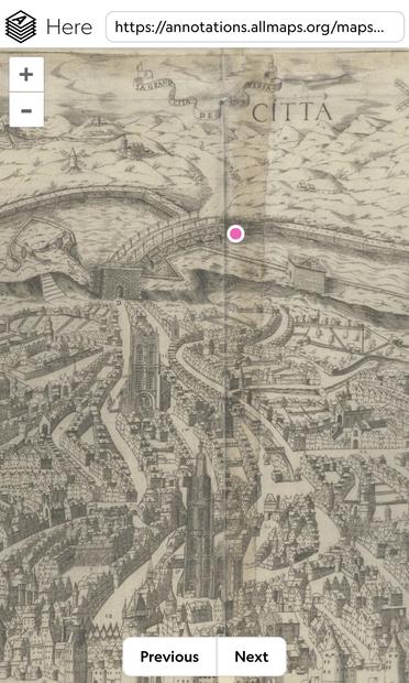 A historic map of Antwerp, depicting the city’s intricate layout with a river and an arched bridge. A pink marker indicates the location where Antwerp Central Station now stands, amidst a detailed depiction of buildings and streets. The text “LA GRAN CITTA DE” and “CITTA” is inscribed at the top.