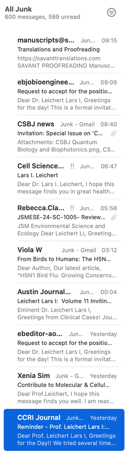 The overview of my junk e-mail folder. At least once per hour during the last 10 hours I received junk mail related to scientific publishing. These are requests to submit articles, to review articles, or even to serve as editorial board member of trashy journals that clearly do not fall into the realm of my expertise.