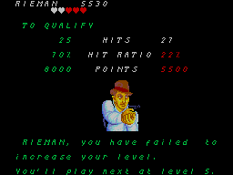 Modified screenshot of Gangster Town on the SEGA Master system showing qualifying stats