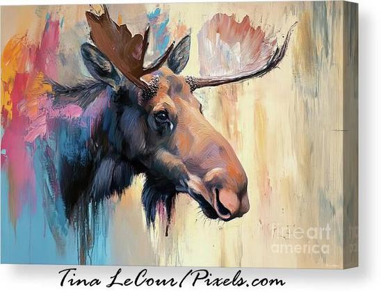 This is a portrait of a brown moose done in abstract shades of blue, pink and orange against a beige textured background.