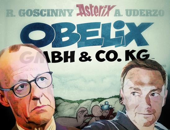 Abbildung zeigt Titel des Asterux-Bandes "Obelix GmbH & Co. KG. Der Comic thematisiert die asozialen, gesellschaftsschädlichen Folgen kapitalistischer Gier und Maßlosigkeit, z. B. einer durch F. Merz als Kanzler CDU-geführten Bundes-Regierung, oder des ego-zentrierten asozialen Verhaltens des Ex-Finanzministers C. Lindner. Daher landeten deren Köpfe, comic-artig verfremdet, auf dem Comic-Titel.