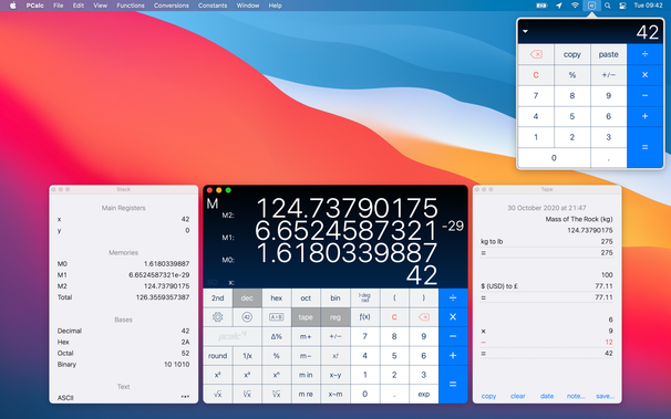 A screenshot of PCalc, showing off the main application and the menu bar widget.