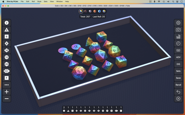 A screenshot of Dice by PCalc showing off a range of colourful dice in a metal tray.
