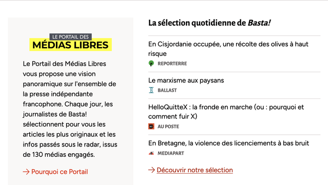 La sélection quotidienne d'articles issus de médias indépendants réalisée par l'équipe de Basta! sur le Portail des médias libres