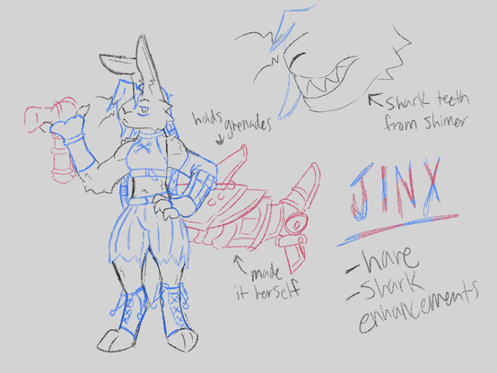 Image ID: A sketch of Jinx from Arcane as an anthro hare. She is holding her pistol casually and a  large mechanical shark tail is attached to her back. Two notes pointing to the tail say "holds grenades" and "made it herself." A close-up shows that she has shark teeth. End ID.