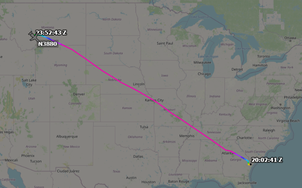 N3880 delivery flight map from GA to Bozeman