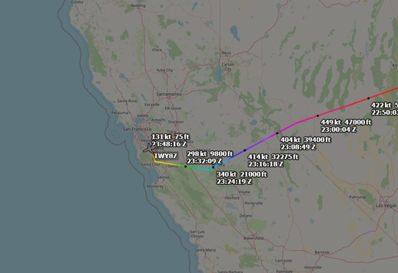 Flight map to CA of N3880