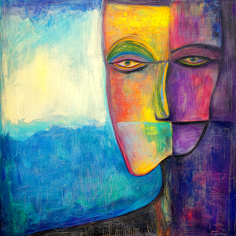 This abstract portrait combines a vivid palette and textured brushwork to convey a duality of emotion and perspective. The face is split into two distinct halves: one side radiates with warm yellows, oranges, and purples, suggesting intensity or introspection, while the other side fades into cooler blues and whites, evoking calm or detachment. The figure's penetrating eyes seem to follow the viewer, bridging the contrast between the two sides. The background transitions seamlessly from light to dark, amplifying the portrait's enigmatic quality. This artwork captures the complexity of human emotion, blending light and shadow to tell a story of inner balance and conflict.