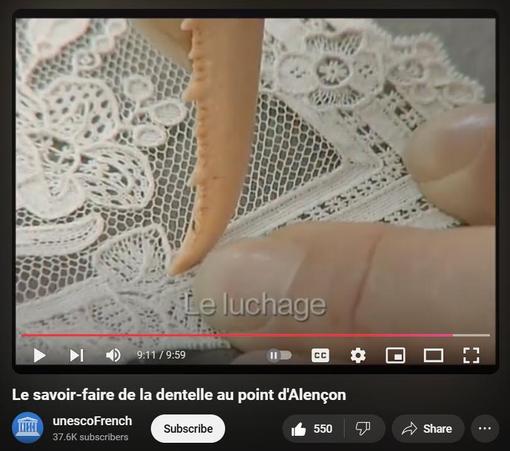 A screencap of a section of the UNESCO video about Alençon lace showing the part at the end where they rub with a lobster claw. 

It's weird, but if it is a tradition there must be some reason....