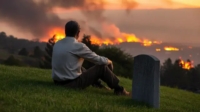 A photo of a man in a suit with his back to us sits beside a lonesome headstone atop a grassy hill.  Off in the distance cities burn.  