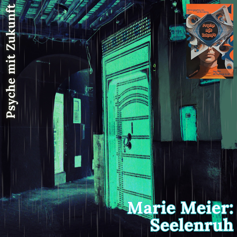 Hintergrund:
Überdachter Hauseingang im orientalischen Stil mit einer grünen Tür (zweifarbiges Foto)

Rechte obere Ecke:
Cover des Buchs "Psyche mit Zukunft" von Jol Rosenberg

Text:
Marie Meier: Seelenruh. Psyche mit Zukunft
