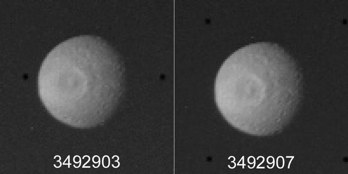 Two images of Mimas by Voyager 1 during approach. They are enlarged 5x to show the pixels. The same features are seen in each image but sampled differently by the grid of pixels, so small details don't look the same.