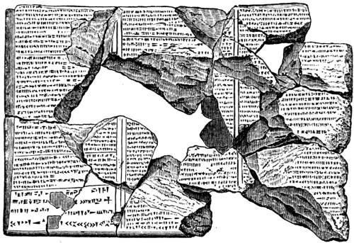 Reverse of Inscribed Terra Cotta Tablet containing the Account of the Deluge, showing the various fragments of which it was composed at the time of Mr. Smith’s Translation.