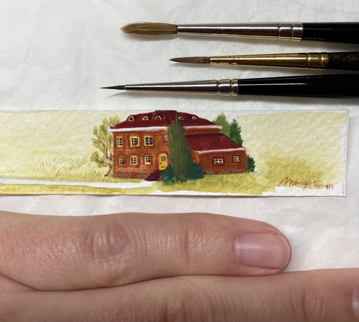 Detail of the house, above it are the brushes I used: brand DaVinci kolinsky 3, 2 and 00.