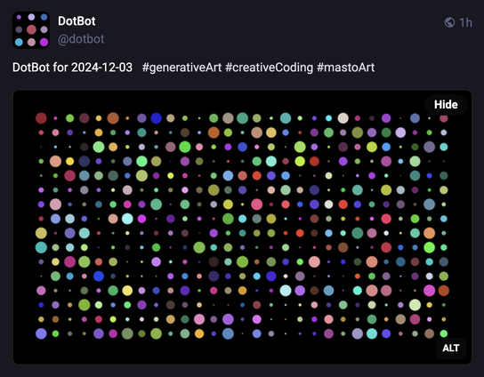 Screenshot of @dotbot post from 2024-12-03 showing a raster grid of colored dots in various colors.