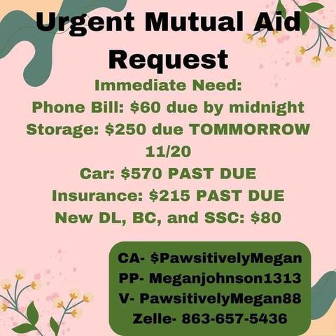 Urgent Mutual Aid Request

Immediate Need:

Phone Bill: $60 due by midnight

Storage: $250 due TOMMORROW

11/20

Car: $570 PAST DUE

Insurance: $215 PAST DUE

New DL, BC, and SSC: $80

CA- $Pawsitively Megan

PP- Meganjohnson1313

V- Pawsitively Megan88

Zelle-863-657-5436