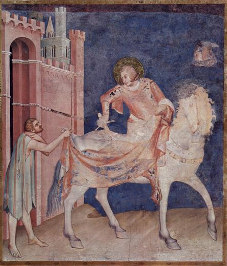 St. Martin shares his mantle, fresco cycle with scenes from the life of St. Martin of Tours, chapel in the lower church of San Francesco in Assisi, Simone Martin, 1322-1326. Source: Wikimedia Commonsꜛ (license: public domain).