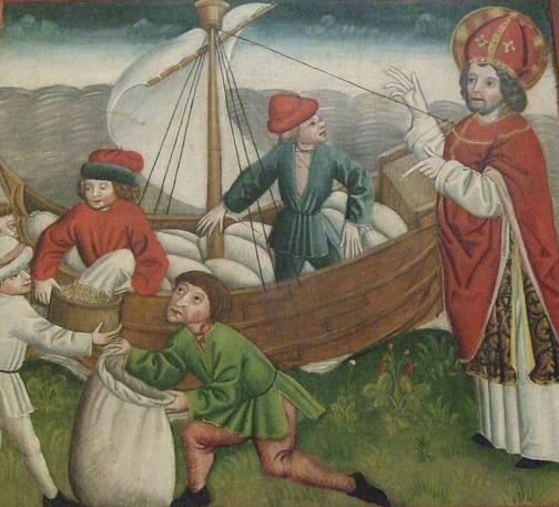 St. Nicholas and the miracle of the grain, altarpiece in the church of St. Mary in Mühlhausen in Thuringia. Source: Wikimedia Commonsꜛ (license: CC BY-SA 3.0).