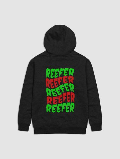 The back of a black hoodie with the word REEFER 5 times from top to bottom in creepy font, alternating between green and red.