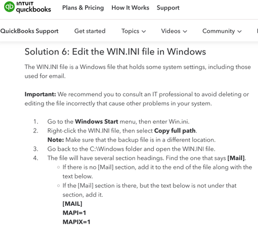 Intuit knowledgebase article describing how to fix issue with Outlook by editing WIN.INI