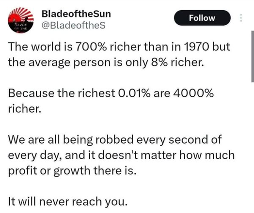 BladeoftheSun
@BladeoftheS

The world is 700% richer than in 1970 but the average person is only 8% richer.
Because the richest 0.01% are 4000% richer.
We are all being robbed every second of every day, and it doesn't matter how much profit or growth there is.
It will never reach you.
