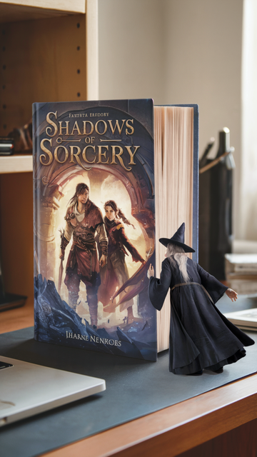 AI-generate image.
A photo of a fantasy book titled "Shadows of Sorcery". The cover art features a warrior and a thief. The book is placed on a desk. Next to the book, there is an empty space. A wizard, wearing a pointy hat and a long robe, has left the cover and moved around to the side of the book on the desk, peaking into the pages of the standing book.