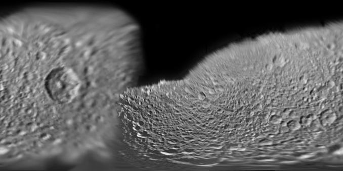 A cylindrical projection map of Saturn's moon Mimas made with Voyager 1 images. Craters are pretty much the only thing on this moon. There are some gaps in the map: right at the south pole, a wider area around the north pole and a chunk missing north of the equator near the middle.