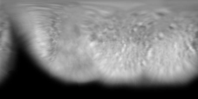 A mosaic map of Mimas made using Voyager 2 images. This is much less detailed than the Voyager 1 map but it does show some additional craters in the north.