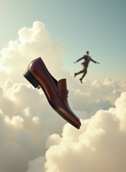A sleek brown leather loafer floats in the sky, its polished surface catching soft light. In the background, a blurred silhouette of a man appears mid-jump among the clouds, creating a surreal and dreamlike scene.