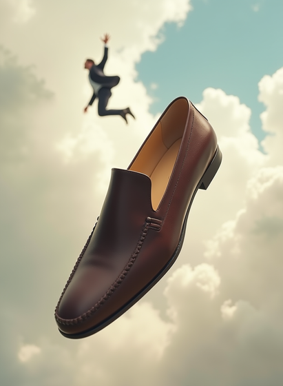 A sleek brown leather loafer floats in the sky, its polished surface catching soft light. In the background, a blurred silhouette of a man appears mid-jump among the clouds, creating a surreal and dreamlike scene.