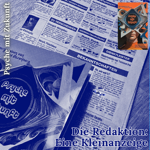 Hintergrund:
Das Buch "Psyche mit Zukunft" liegt auf dem Kleinanzeigenteil einer Zeitung (monochrom in Blau)

Rechte obere Ecke:
Cover des Buchs "Psyche mit Zukunft" von Jol Rosenberg

Text:
Die Redaktion: Eine Kleinanzeige. Psyche mit Zukunft