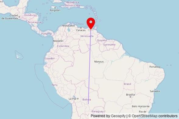 A map showing the great circle route from Vallegrande in Bolivia to a map pin at Catedral de Maturín, Avenida Bolívar, Maturin 6201, Monagas State, Venezuela