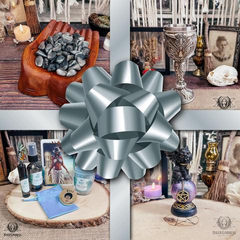 Four photos make a collage of some of the items featuring cats. They contain tumbled cat's eye gemstones, a metal goblet with a stylized cat face on it, the contents of our exclusive Bast Goddess Set, and a figure of a black cat with vampire fangs and bat wings sitting atop a purple crystal ball with a pentacle and Celtic knot designs. Presented by Inked Goddess Creations.
