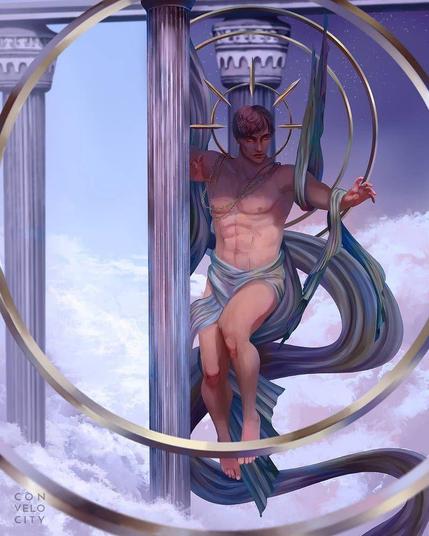 Digital painting. A muscular male figure is floating in the sky surrounded by clouds and white columns.