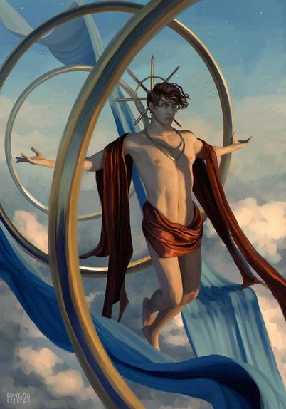Digital painting. A muscular male figure floats above a thick layer of clouds, facing the sun with open arms.