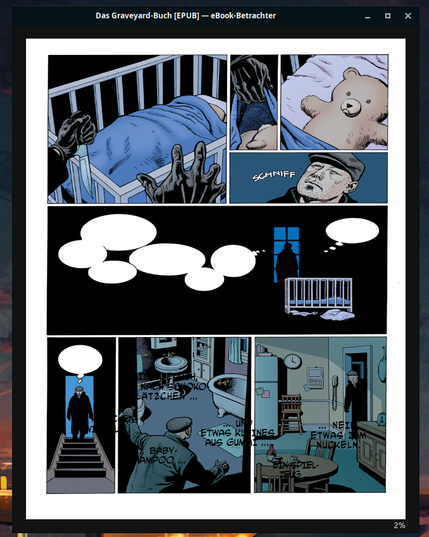 Das Bild zeigt eine Comic-Sequenz, die eine düstere Szene darstellt. Im Mittelpunkt steht ein Baby in einem Kinderbett, dem sich eine Person mit Handschuhen und einem Messer nähert. Weitere Panels zeigen einen Mann mit Hut, der möglicherweise in die Tat verwickelt ist, sowie verschiedene Szenen in einem Haus, die auf eine Tat nach dem Mord hindeuten. Die Stimmung ist angespannt und gewalttätig, die Gesamterscheinung deutet auf einen Krimi oder Thriller hin. Alle Sprech- und Gedankenblasen sind leer, der Text ist nach unten verrutscht.