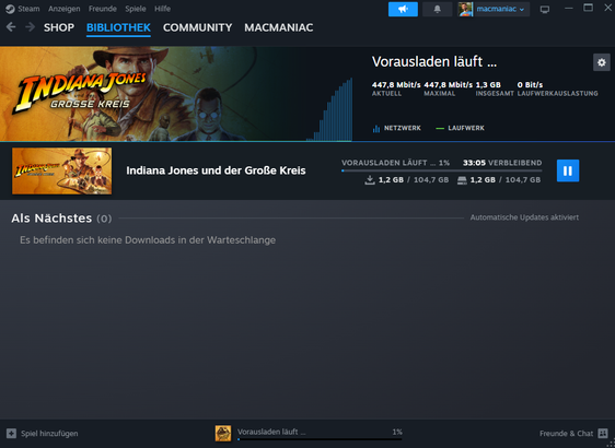 Screenshot from Steam Software on PC showing the soon to be releasted game "Indiana Jones and the Great Circle" being preloaded to the PC.