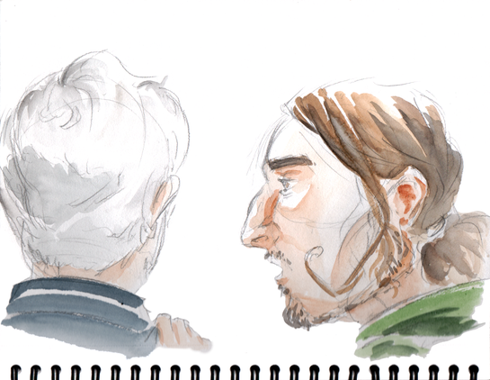 Dessin judiciaire par Myster Ty, aquarelle. De dos, le jeune accusé échange quelques mots avec son père dans le public.