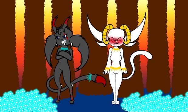 Art trade for @Aries@troet.cafe 

Scorpio teasing Aries in the middle of the woods and by the glowing flowers of light on this very evening. 

Aries & Scorpio belongs to @Aries@troet.cafe 