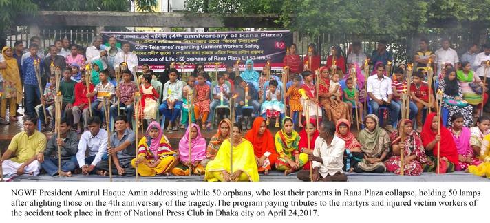 NGWF President Amirul Haque Amin addressing while 50 orphans, who lost their parents in Rana Plaza collapse holding 50 candles on the 4th anniversary of the tragedy.