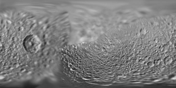 A map of Saturn's moon Mimas combining Voyager 1 and 2 images. Only a bit at the south pole is not mapped.
