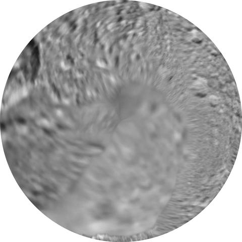 The northern hemisphere of Mimas made from the previous mosaic. It is a circle with the equator around the edge and the north pole in the middle. The large crater Herschel is bisected by the equator at upper left.