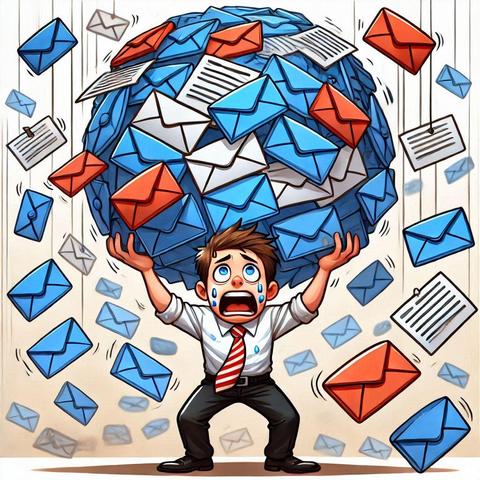 Created with Copilot Image Creator. Stressed businessperson juggling a barrage of blue and red email envelopes, cartoon-style.