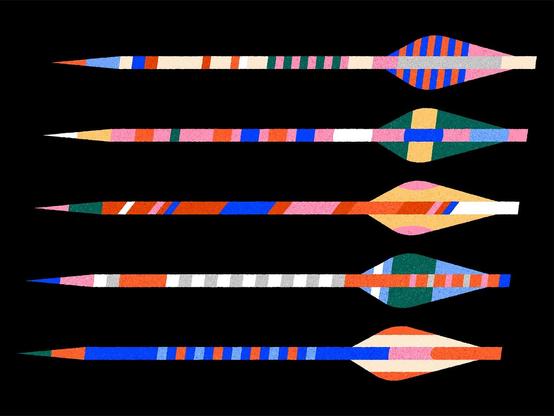 An illustration featuring five stylized dart arrows, each with unique colorful patterns and designs, set against a black background.