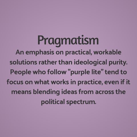 3. Pragmatism: An emphasis on practical, workable solutions rather than ideological purity. People who follow “purple lite” tend to focus on what works in practice, even if it means blending ideas from across the political spectrum.