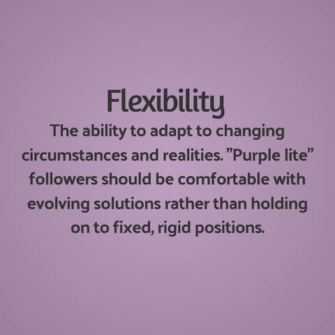 5. Flexibility: The ability to adapt to changing circumstances and realities. “Purple lite” followers should be comfortable with evolving solutions rather than holding on to fixed, rigid positions.