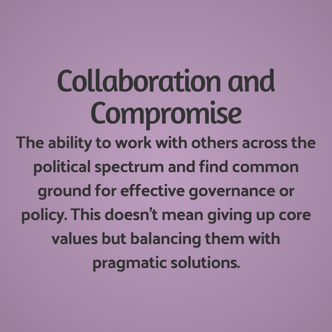 7. Collaboration and Compromise: The ability to work with others across the political spectrum and find common ground for effective governance or policy. This doesn’t mean giving up core values but balancing them with pragmatic solutions.